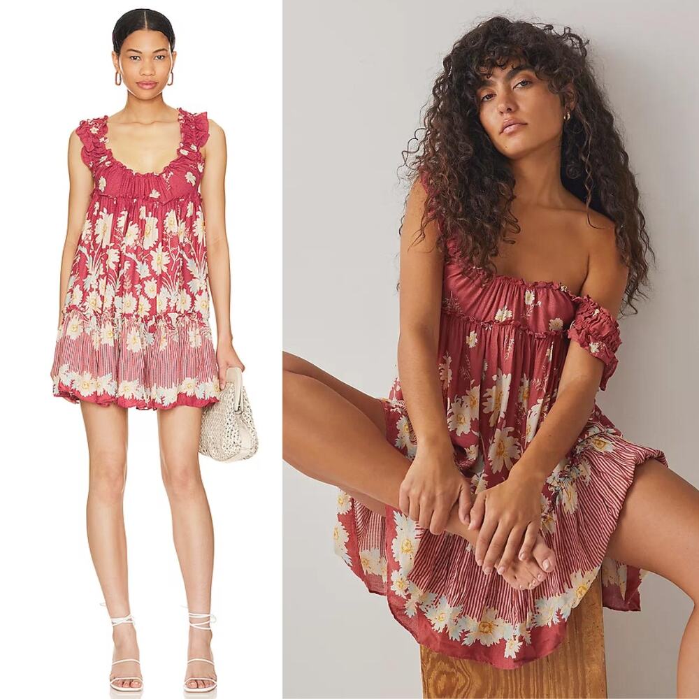 NEW Free People Bali Wild Daisy Red Floral Print Mini Dress Size XS Coastal Boho